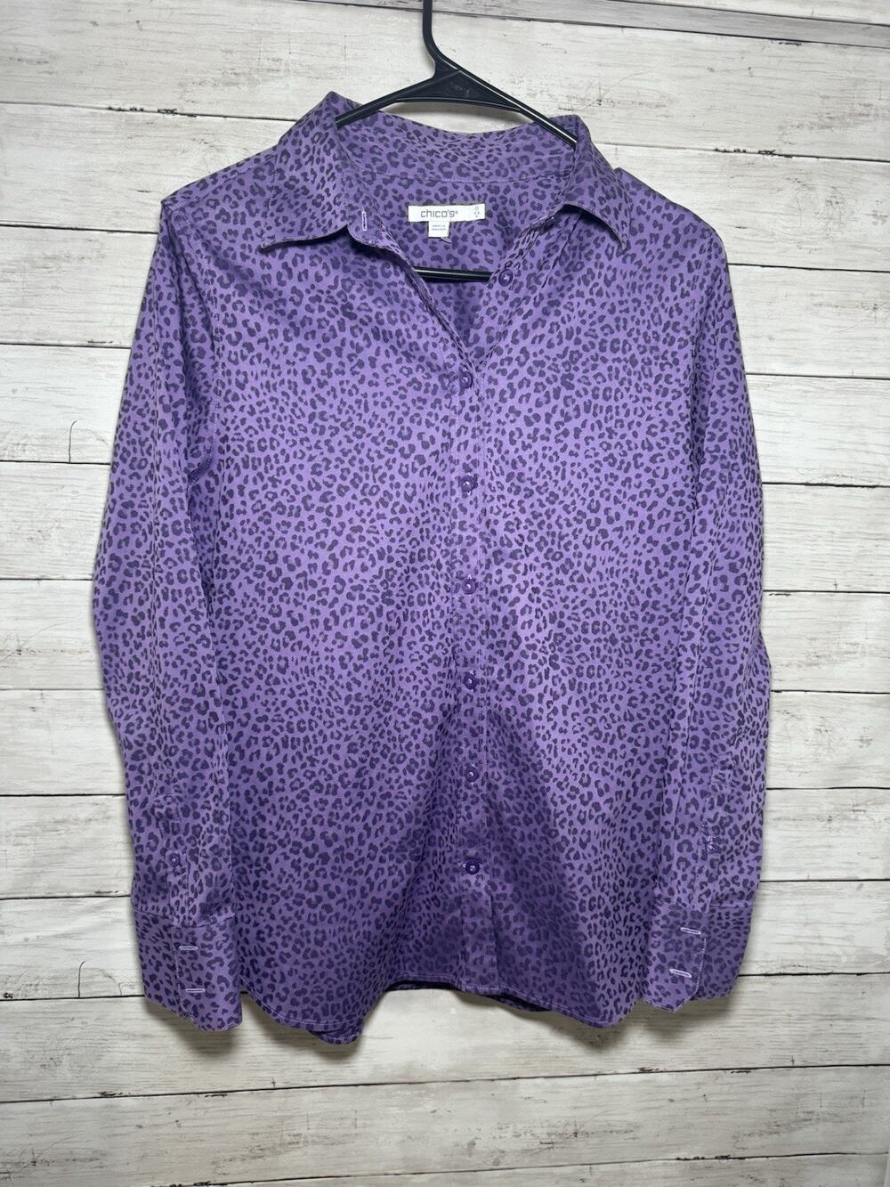 Chicos Women’s Small Purple Leopard Print Long Sleeve Button Up Shirt Top S